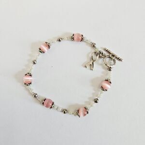 Beaded Pink Cat Eye Sterling Silver 925 Breast Cancer Awareness Toggle Bracelet